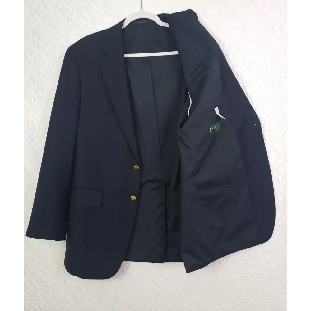 Lauren Ralph Lauren Blazer Meas 40R Navy Blue Wool Gold Buttons Business